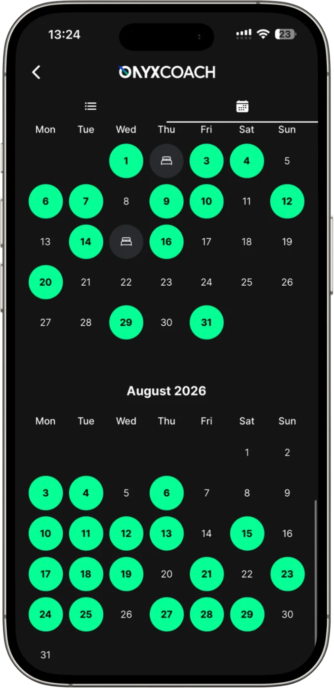 The month in the app, workouts marked in green