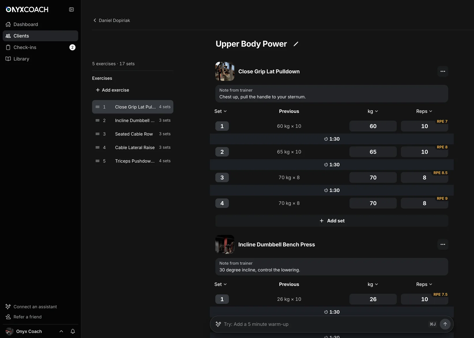 The Onyx Coach workout builder on the web